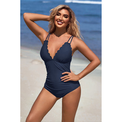 Charmo Women's Scalloped V-Neck Double-Strap One-Piece Swimsuit