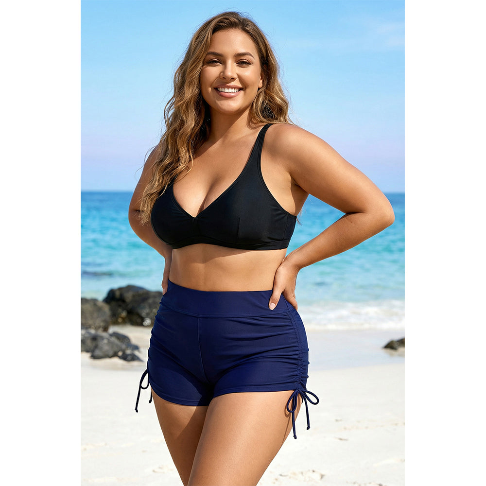 Charmo Women's Plus Size High Waist Ruched Side Tie Swim Shorts Swim Bottom