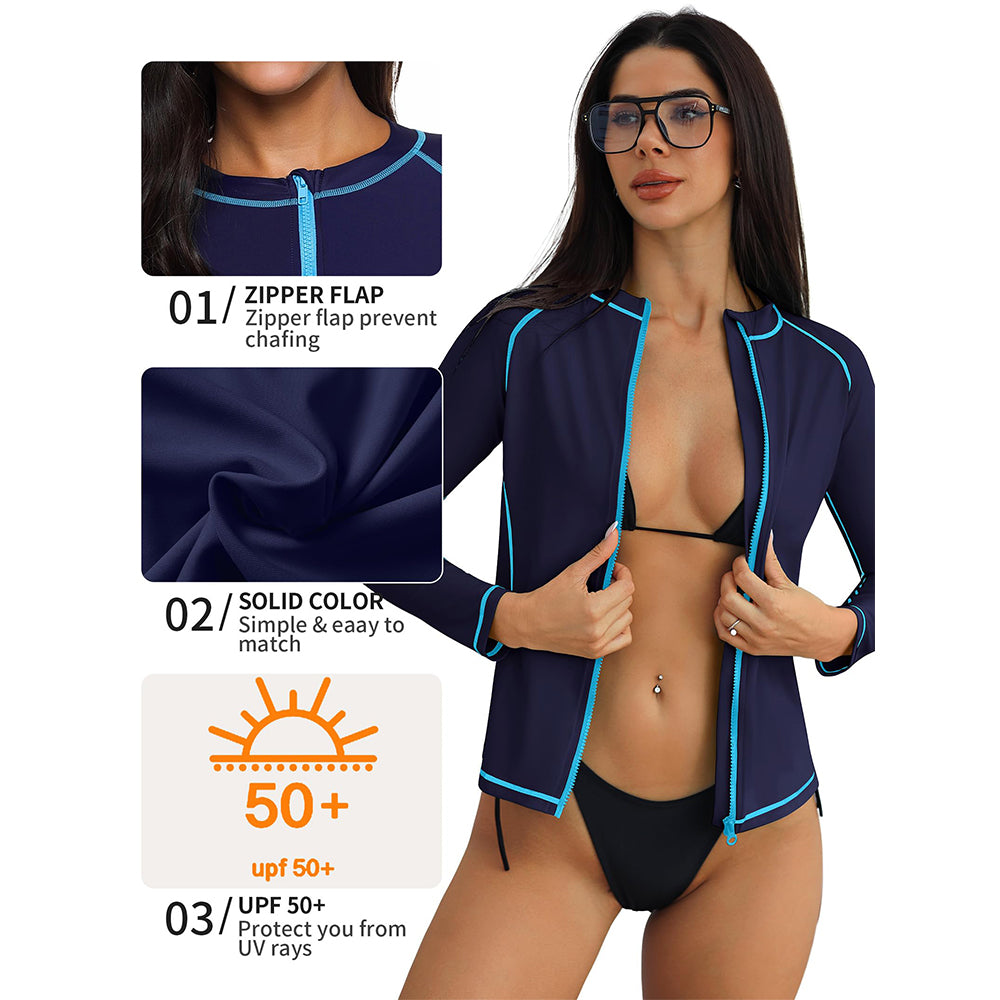 Attraco Women's Women's Rashguard Swimsuit Zip Front Sun Protection Swim Shirt UPF 50+