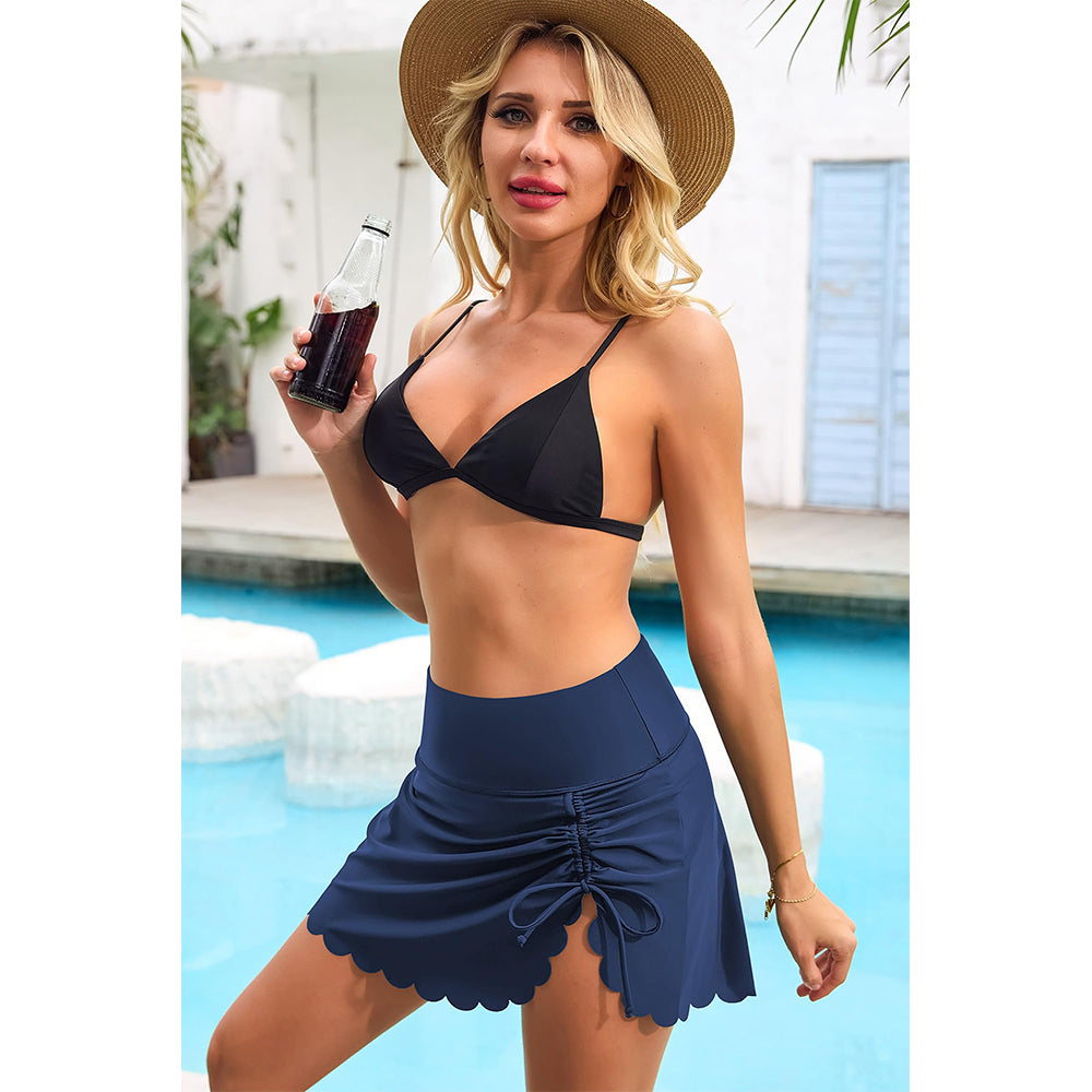 Charmo Women's Ruched Scallop Trim Swim Skirt Bottoms High Waisted Bathing Suit Skirts Split Tankini Swimsuit Bottom