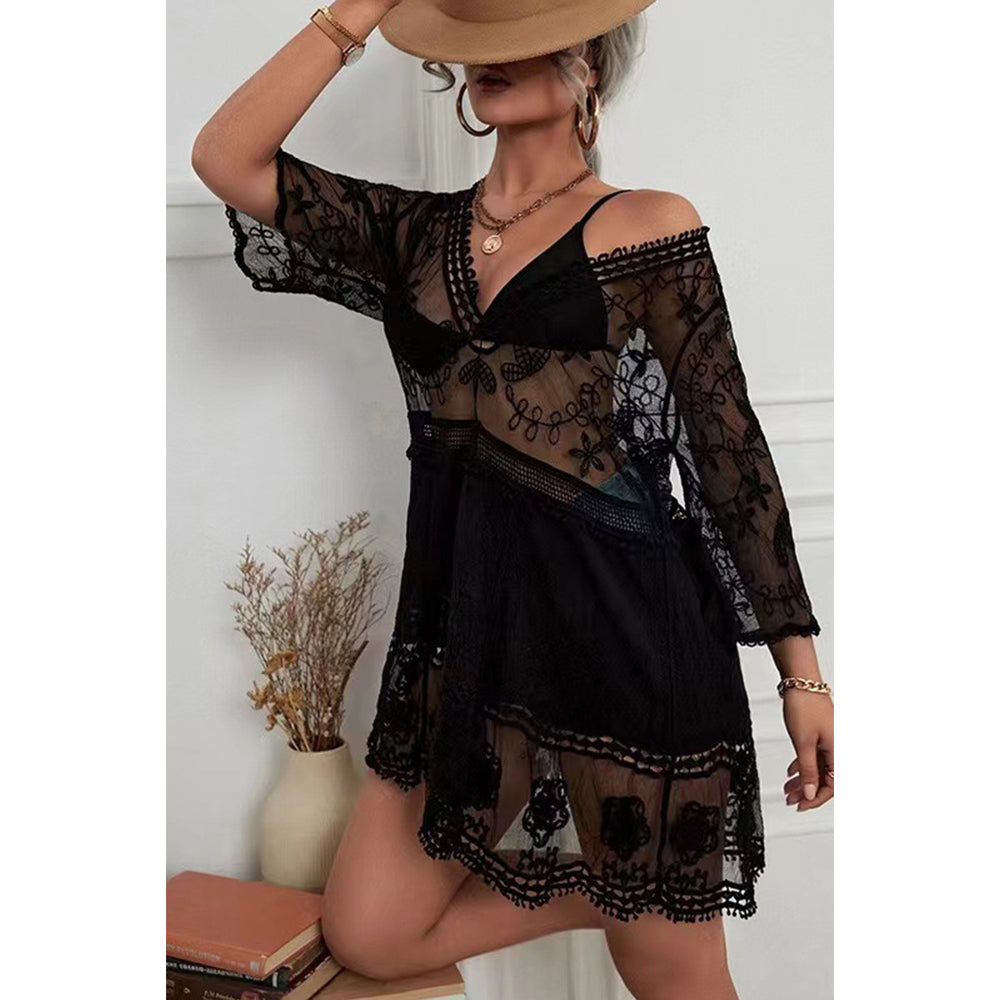 Charmo Women's Lace Embroidery V-Neck Cover Up  with Half Sleeves & Flowy Hem Mini Dress