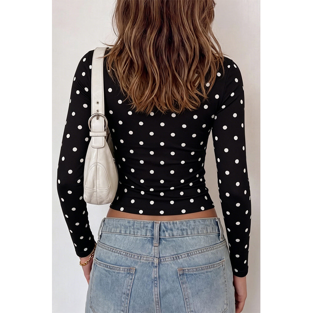 Attraco Women's Long Sleeve Polka Dot Top Crew Neck Slim Fit Casual Shirt