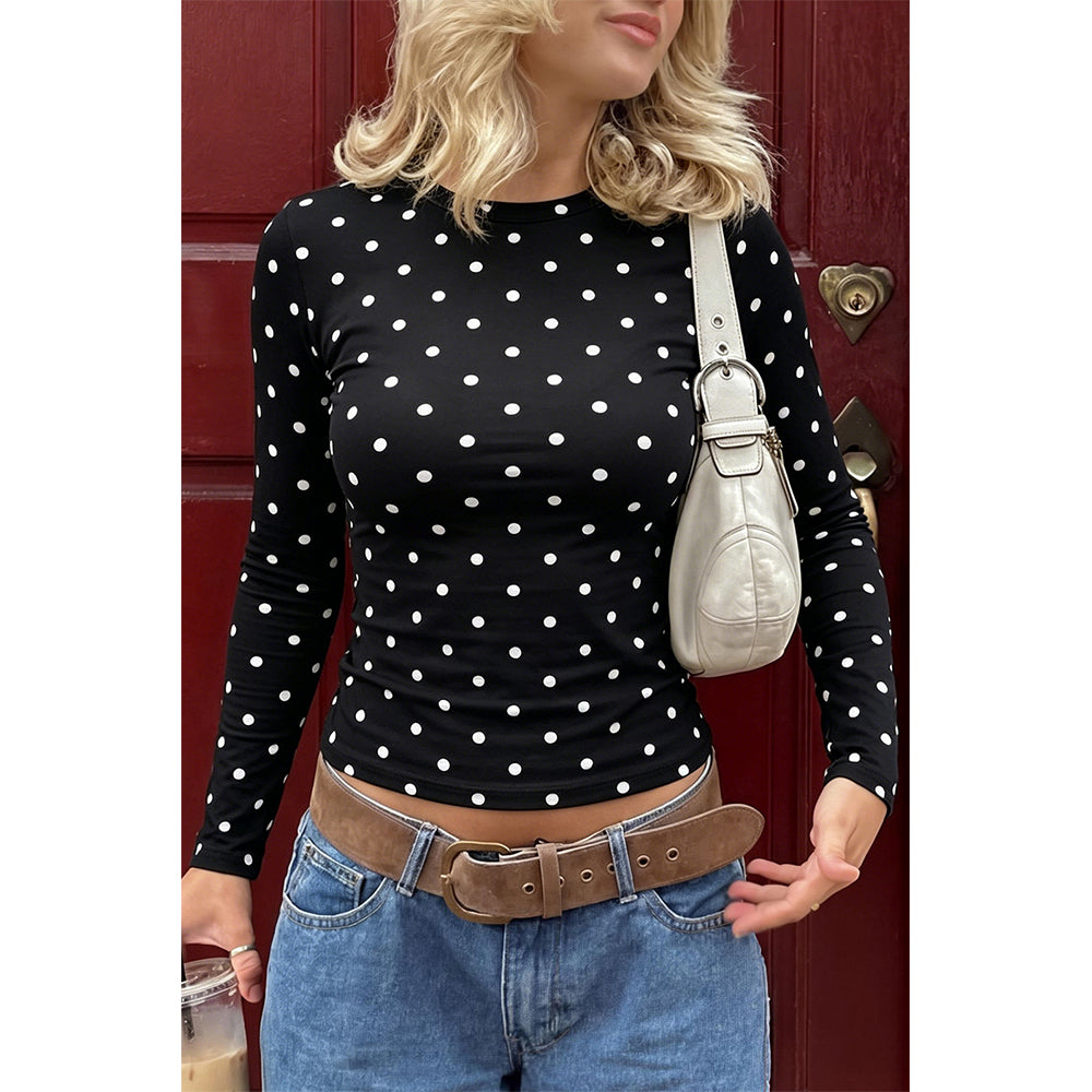 Attraco Women's Long Sleeve Polka Dot Top Crew Neck Slim Fit Casual Shirt