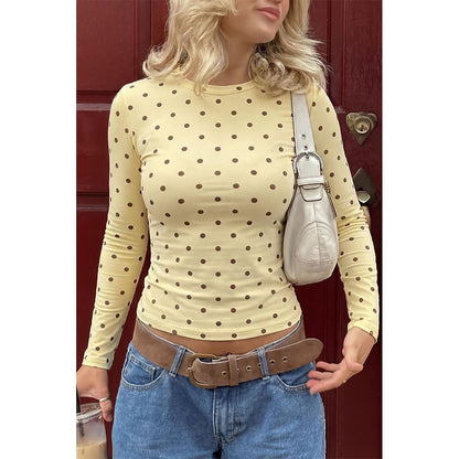 Attraco Women's Long Sleeve Polka Dot Top Crew Neck Slim Fit Casual Shirt