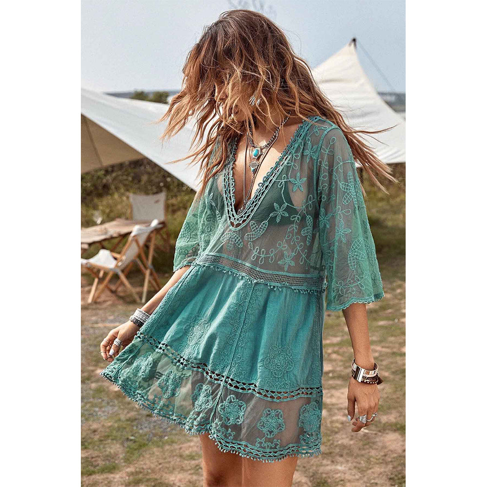 Charmo Women's Lace Embroidery V-Neck Cover Up  with Half Sleeves & Flowy Hem Mini Dress