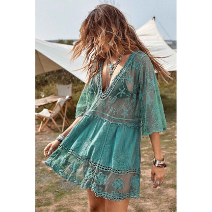 Charmo Women's Lace Embroidery V-Neck Cover Up  with Half Sleeves & Flowy Hem Mini Dress