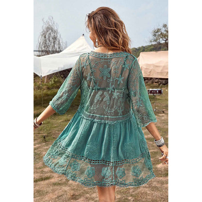 Charmo Women's Lace Embroidery V-Neck Cover Up  with Half Sleeves & Flowy Hem Mini Dress