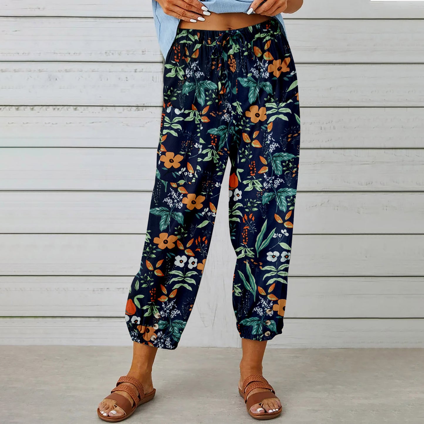 Attraco Women High Waist Drawstring Cropped Jogger Pants Vintage Floral Print Side Pocket Casual Trousers