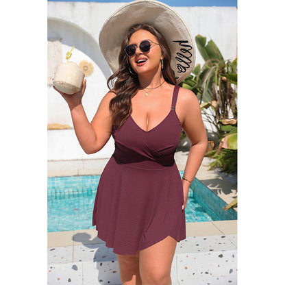 Charmo Women's Plus Size Twist Front Ribbed Swim Dress with Built-in Briefs One Piece Swimsuit