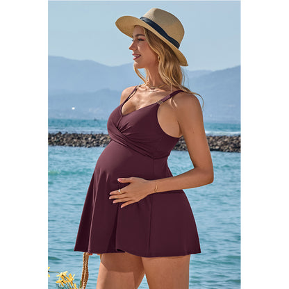 Charmo Women Maternity Swimsuit Ribbed Pregnancy Swimwear Front Cross Supportive Swim Dress  Cute Bathing Suit