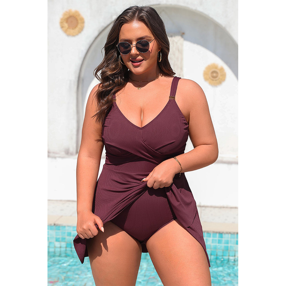 Charmo Women's Plus Size Twist Front Ribbed Swim Dress with Built-in Briefs One Piece Swimsuit