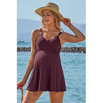 Charmo Women Maternity Swimsuit Ribbed Pregnancy Swimwear Front Cross Supportive Swim Dress  Cute Bathing Suit