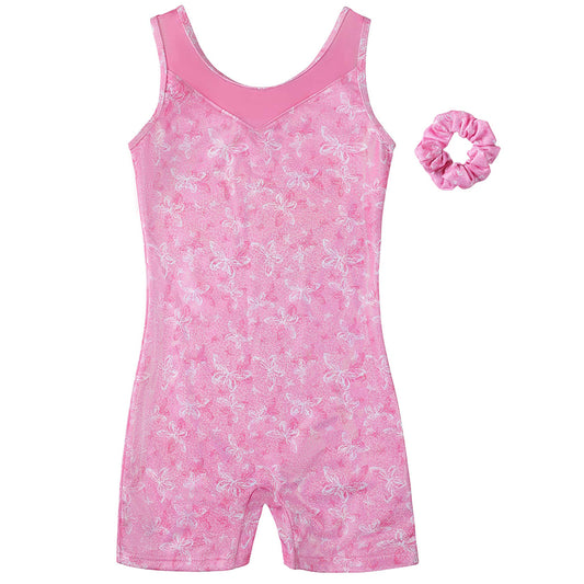 Charmo Girls Sleeveless Gymnastics Unitard, Glitter Butterfly Dance Outfit with Mesh Yoke & Matching Scrunchie Gymnastics Leotards 5-12Years