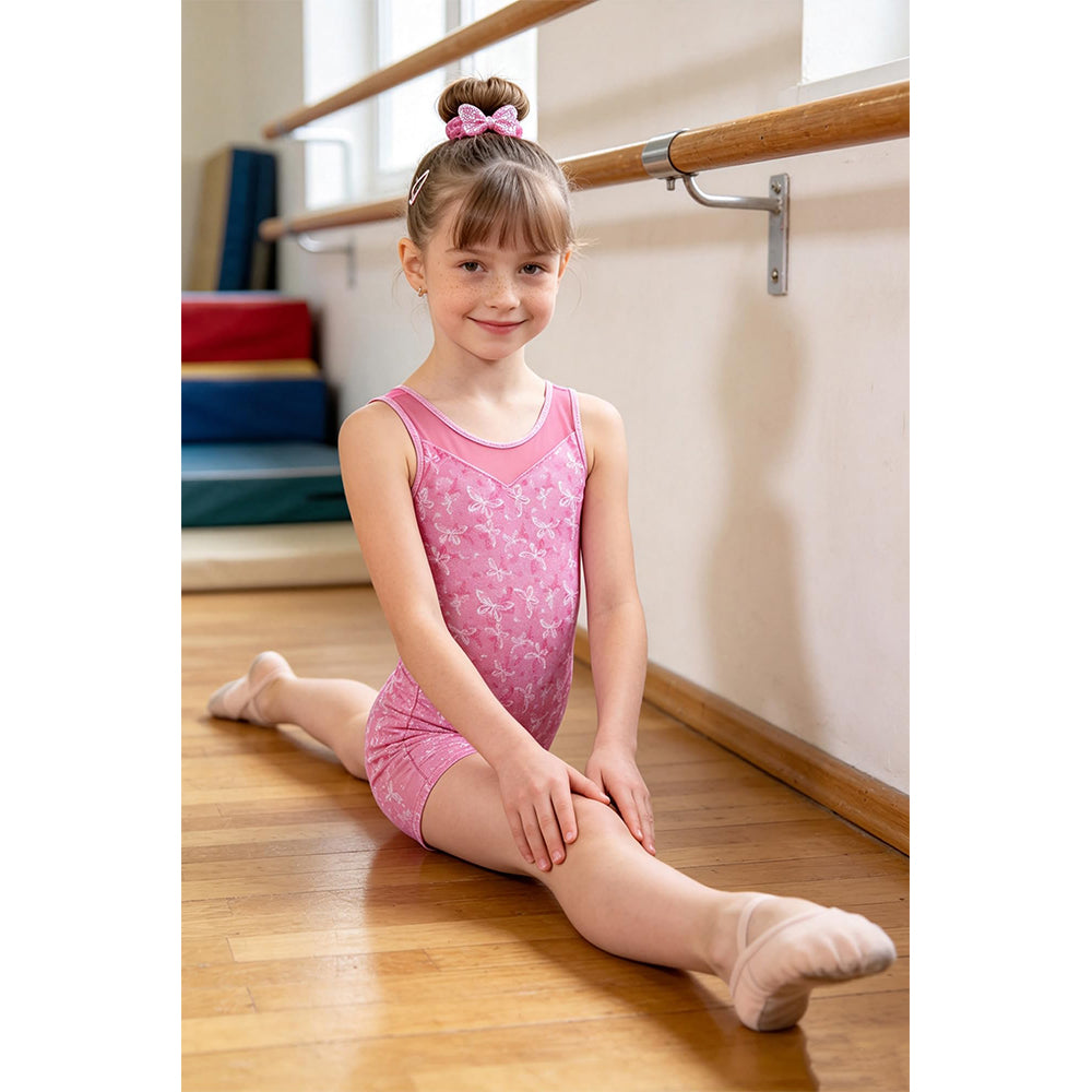 Charmo Girls Sleeveless Gymnastics Unitard, Glitter Butterfly Dance Outfit with Mesh Yoke & Matching Scrunchie Gymnastics Leotards 5-12Years