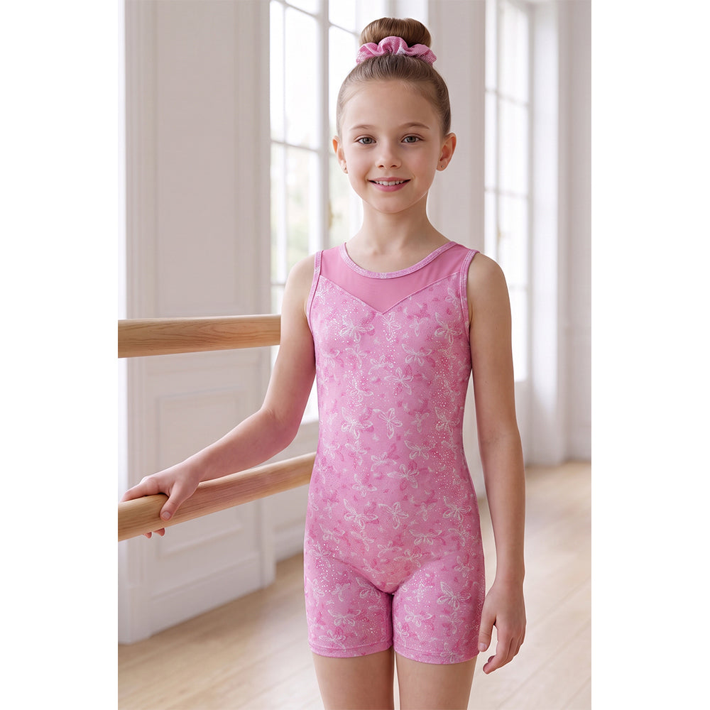 Charmo Girls Sleeveless Gymnastics Unitard, Glitter Butterfly Dance Outfit with Mesh Yoke & Matching Scrunchie Gymnastics Leotards 5-12Years
