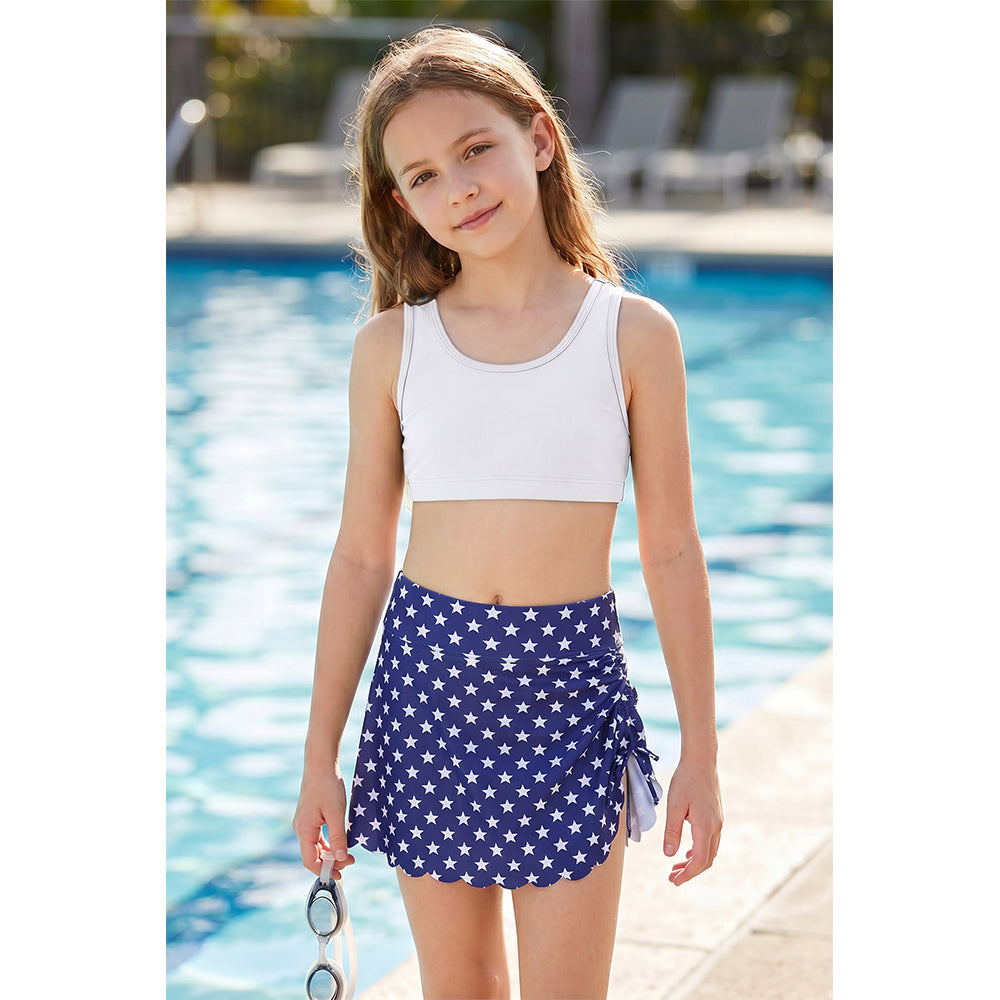 Charmo Girls High Waist Adjustable Drawstring Scalloped Hem Swim Skirt with Built-in Brief
