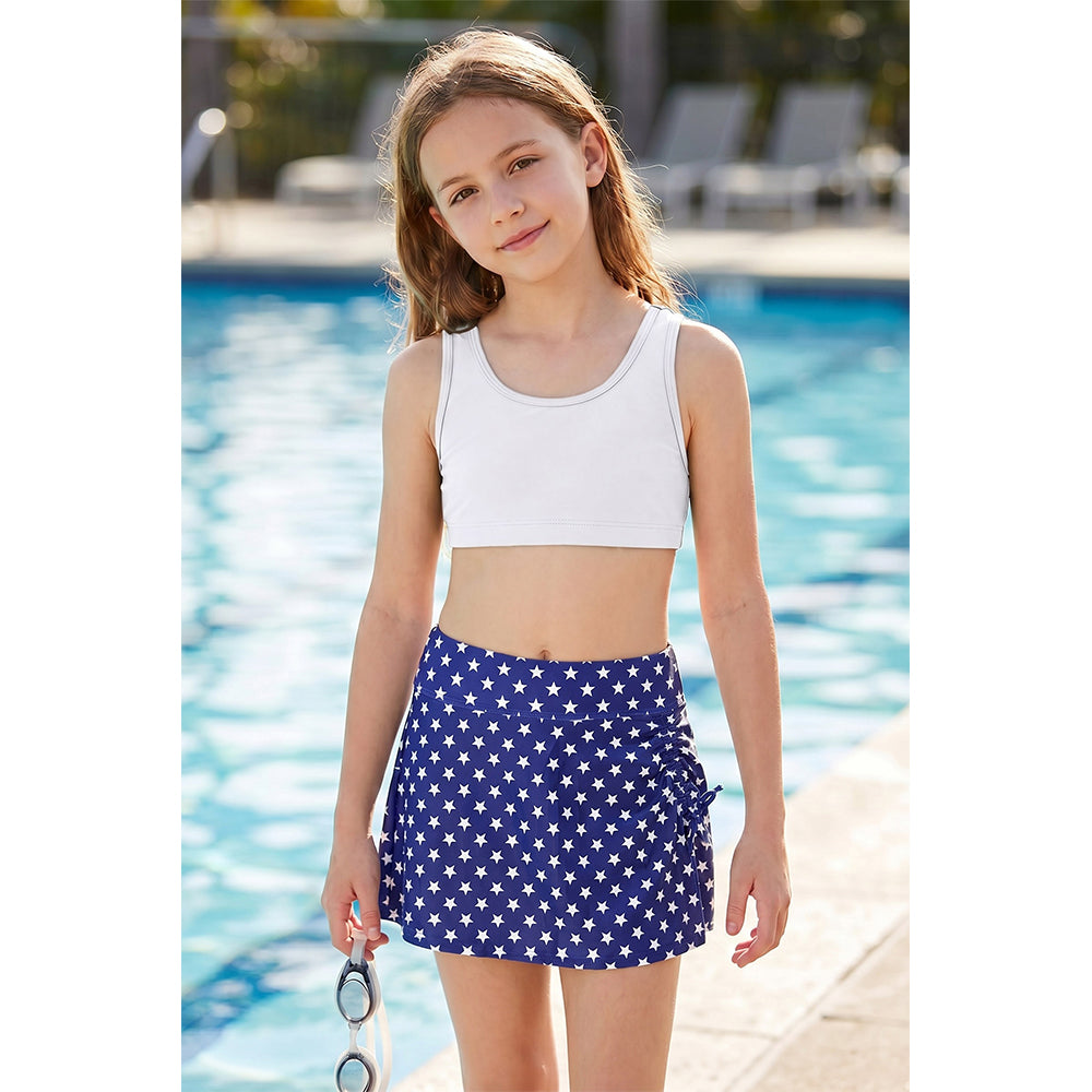 Charmo Girls High Waist Side Slit Swim Skirt with Adjustable Drawstring and Built-in Brief 7-16 Years