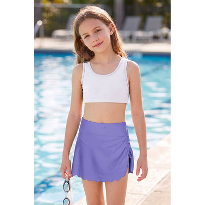 Charmo Girls High Waist Adjustable Drawstring Scalloped Hem Swim Skirt with Built-in Brief