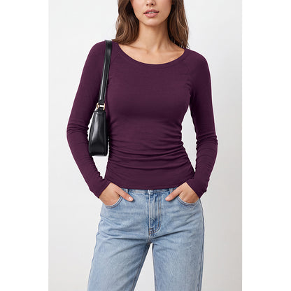 Attraco Women's Long Sleeve Scoop Neck Top with Built-in Bra Pads and Side Ruched Detail