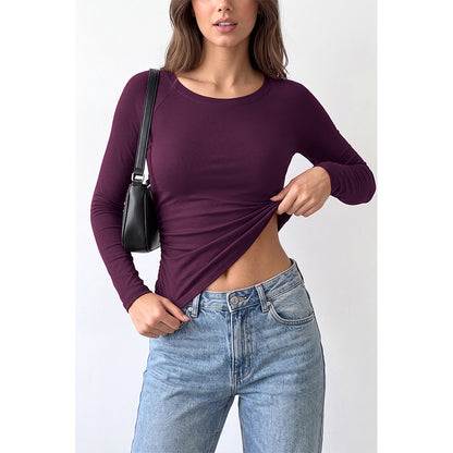 Attraco Women's Long Sleeve Scoop Neck Top with Built-in Bra Pads and Side Ruched Detail