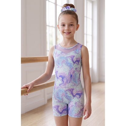 Charmo Girls Sleeveless Gymnastics Unitard, Glitter Butterfly Dance Outfit with Mesh Yoke & Matching Scrunchie Gymnastics Leotards 5-12Years