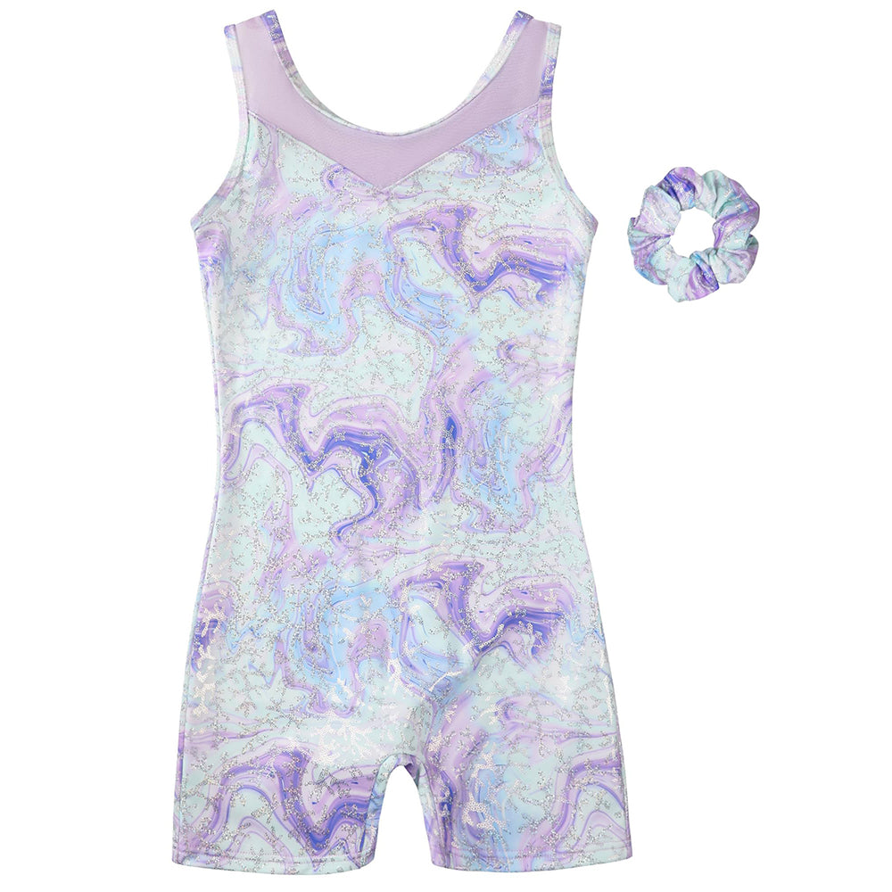Charmo Girls Sleeveless Gymnastics Unitard, Glitter Butterfly Dance Outfit with Mesh Yoke & Matching Scrunchie Gymnastics Leotards 5-12Years