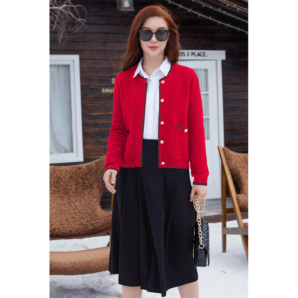 V For City Women's Tweed Jacket Cardigan Blazers Round Neck Long Sleeve Button Down Sweater Coat with Pockets