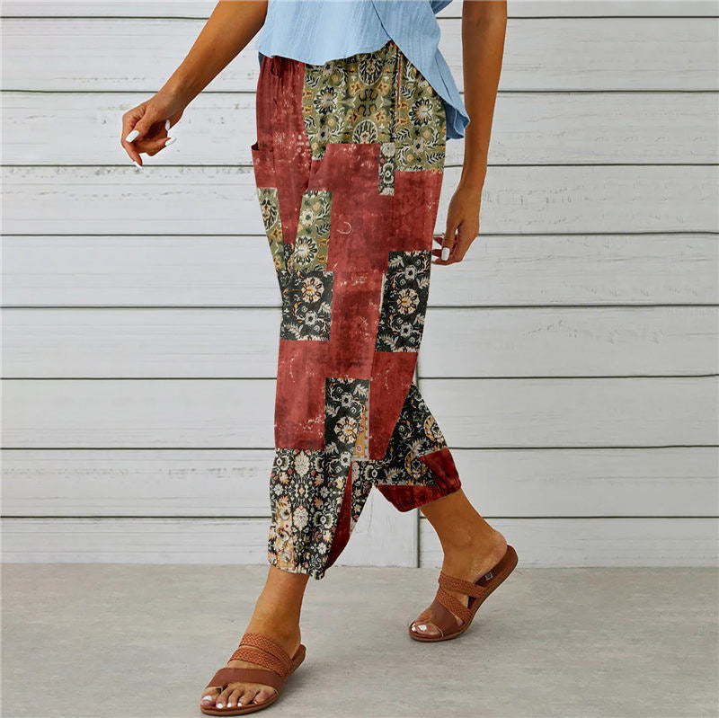 Attraco Women High Waist Drawstring Cropped Jogger Pants Vintage Floral Print Side Pocket Casual Trousers