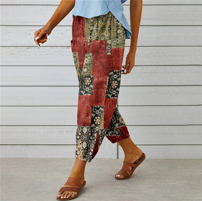 Attraco Women High Waist Drawstring Cropped Jogger Pants Vintage Floral Print Side Pocket Casual Trousers