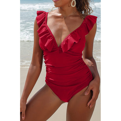 Charmo Women's Ruffled V Neck Ruched Bodice Adjustable-Strap One-Piece Swimsuit Tummy Control Bathing Suit