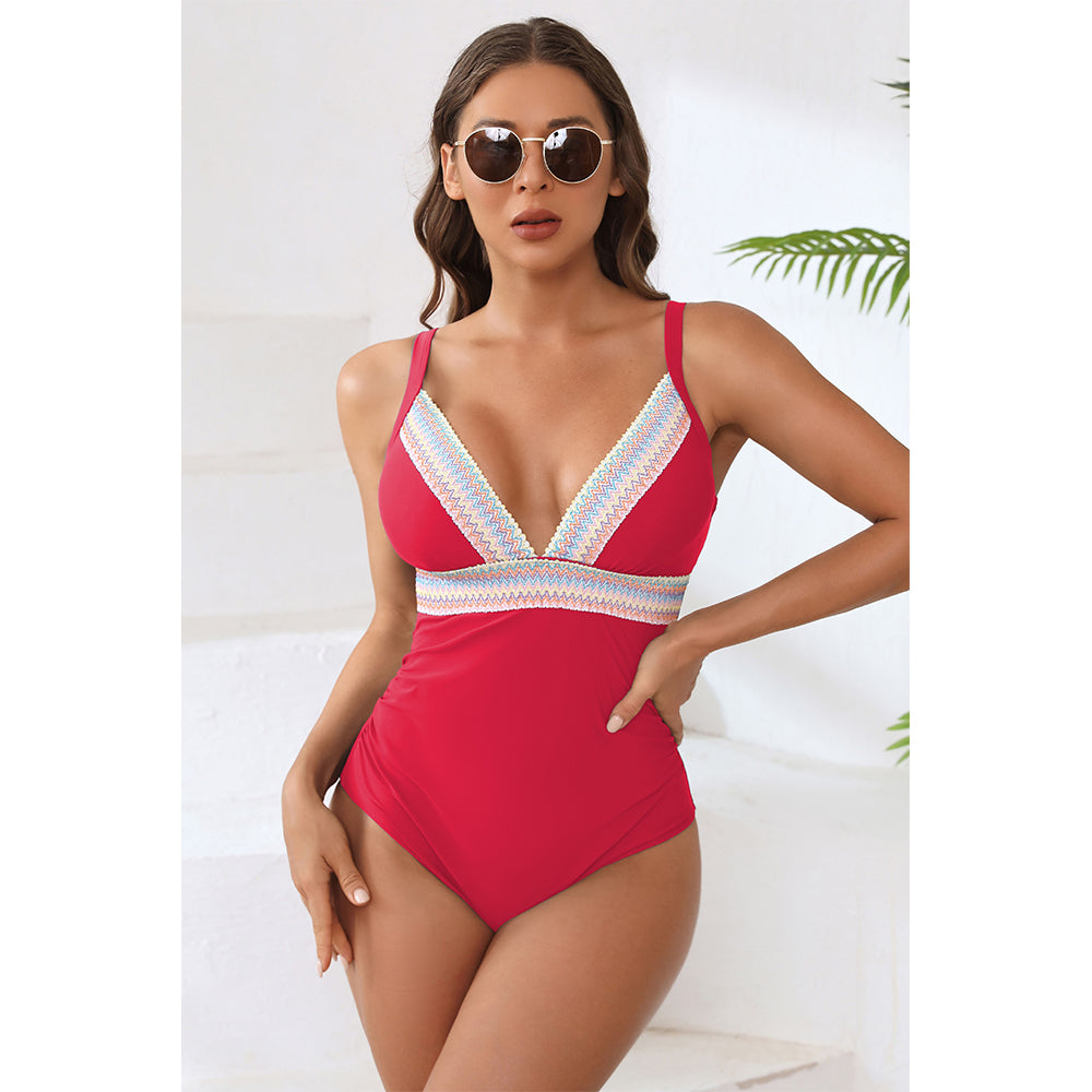 Charmo Women's Plunge V-Neck Contrast Trim Cutout Back Tummy Control One Piece Swimsuit