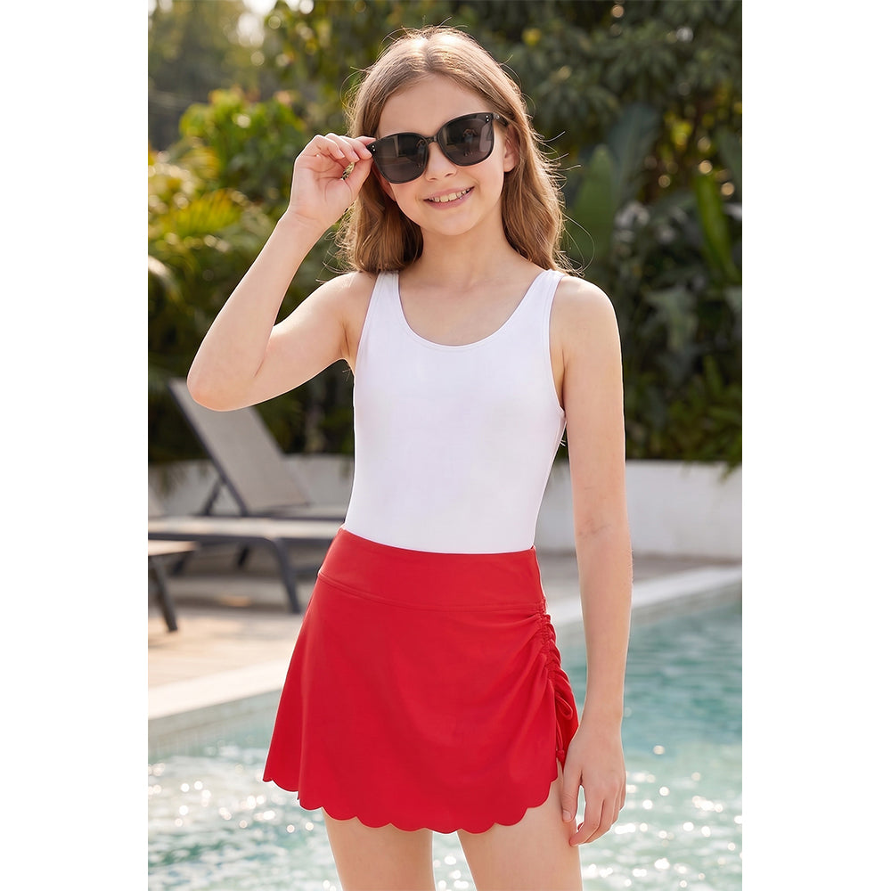 Charmo Girls High Waist Adjustable Drawstring Scalloped Hem Swim Skirt with Built-in Brief