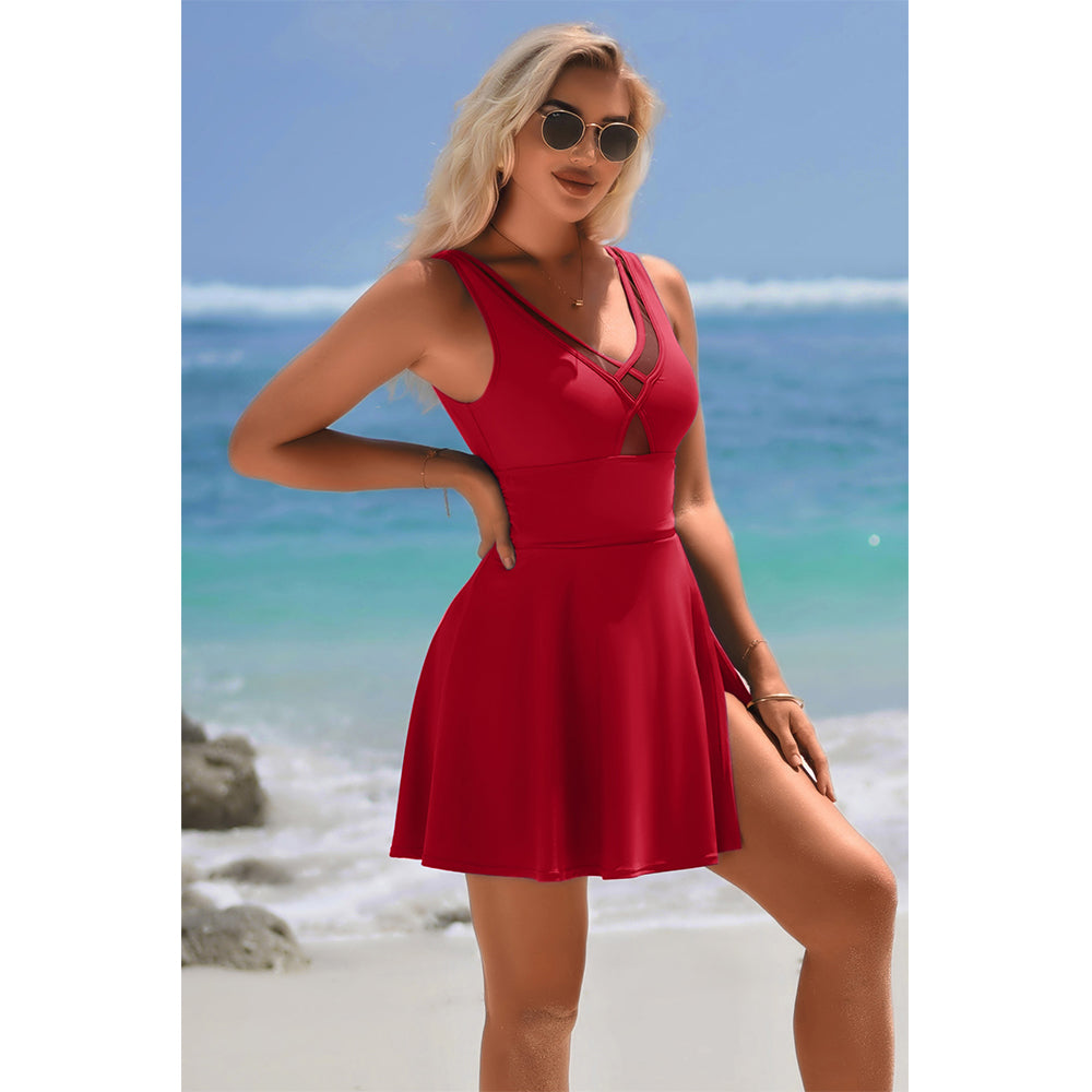 Charmo Women's Sleeveless V-Neck Backless Skirted One-Piece Swimsuit With Built In Bottom & Side Slit Swim Dress