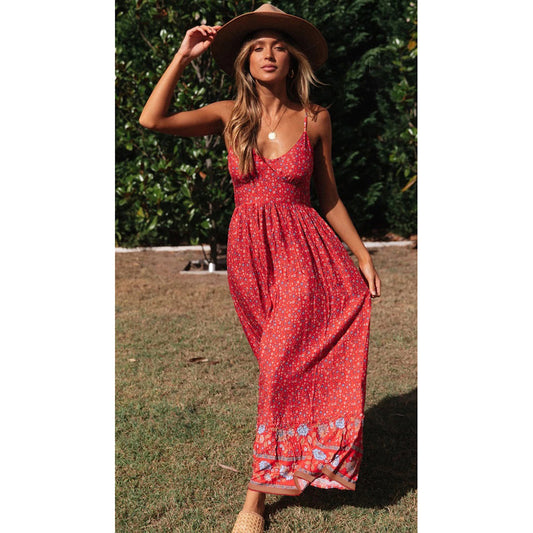 Attraco Women's Boho Floral Print Spaghetti-Strap Maxi Dress