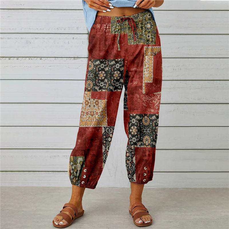 Attraco Women High Waist Drawstring Cropped Jogger Pants Vintage Floral Print Side Pocket Casual Trousers