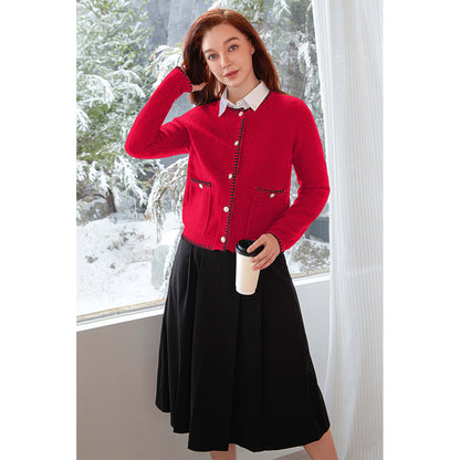 V For City Women's Tweed Jacket Cardigan Blazers Round Neck Long Sleeve Button Down Sweater Coat with Pockets