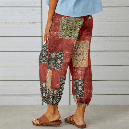 Attraco Women High Waist Drawstring Cropped Jogger Pants Vintage Floral Print Side Pocket Casual Trousers