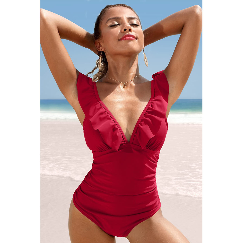 Charmo Women's Ruffled V Neck Ruched Bodice Adjustable-Strap One-Piece Swimsuit Tummy Control Bathing Suit