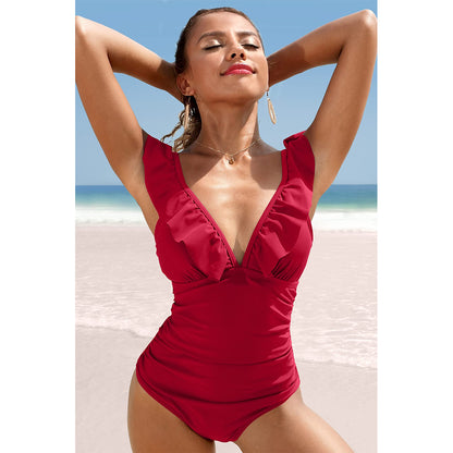 Charmo Women's Ruffled V Neck Ruched Bodice Adjustable-Strap One-Piece Swimsuit Tummy Control Bathing Suit