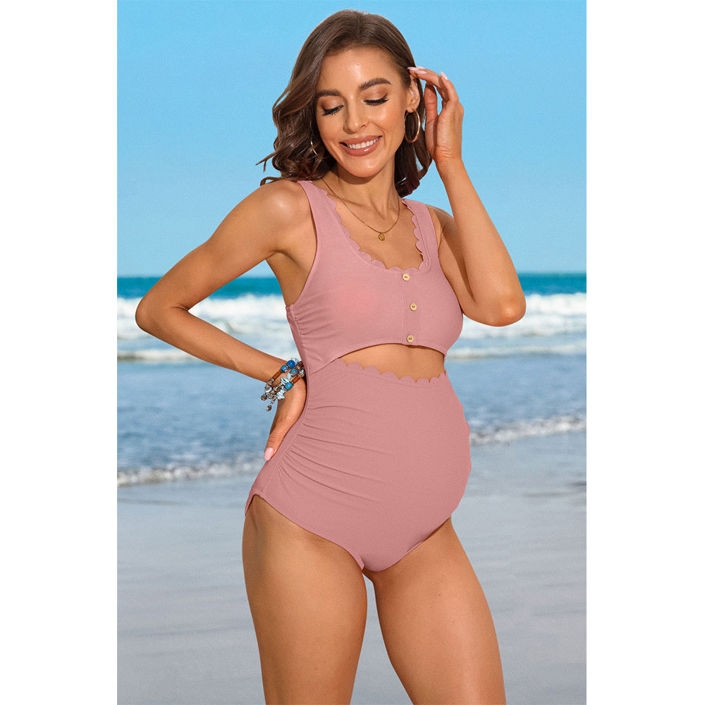 Charmo Women's Ruched Maternity One-Piece Swimsuit Scalloped Cutout & Adjustable Design Pregnancy Bathing Suits