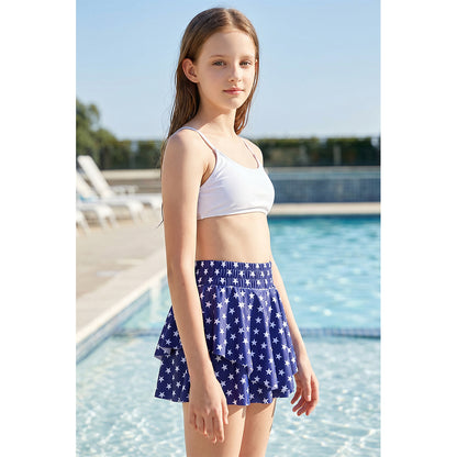 Charmo Girls' Elastic High Waist Double Ruffle Swim Skirt with Built-in Shorts