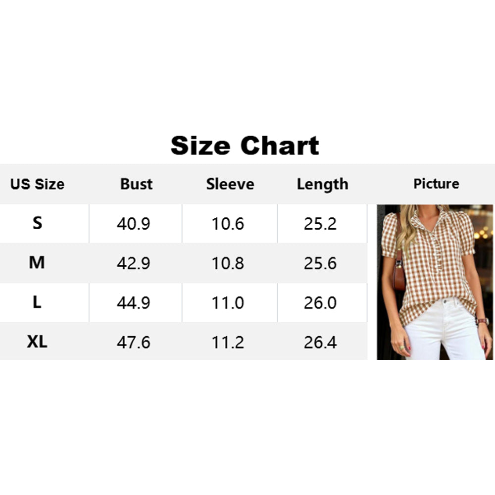 Attraco Womens Puff Short Sleeve Summer Tops Striped Plaid Ruffle V Neck Button Down Shirts Business Casual Work Blouses
