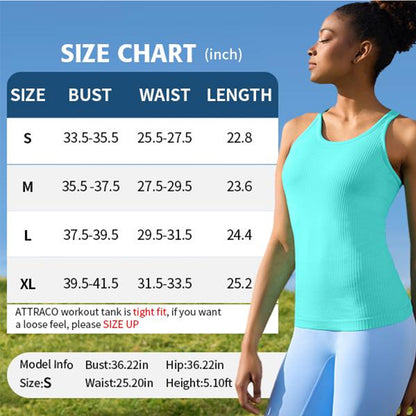 Attraco 2 Pack Ribbed Workout Tank Top with Built in Bra for Women Tight Fit Seamless Yoga Top