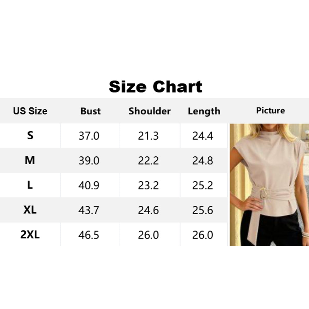 Attraco Women's High Neck Cap Sleeve Belted Blouse with Gold Buckle Business Casual Tops