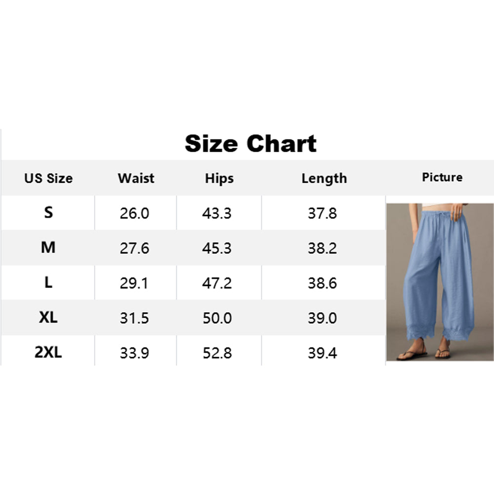 Attraco Women Elastic Drawstring High Waist Wide Leg Cropped Pants with Side Pockets and Lace Hem