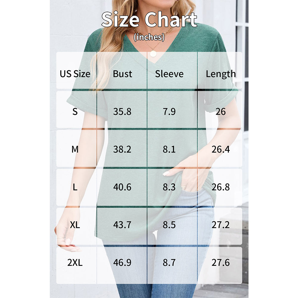 Attraco Women's V Neck Rolled Cuff Short Sleeve Loose Fit Casual T-Shirt Summer Tops