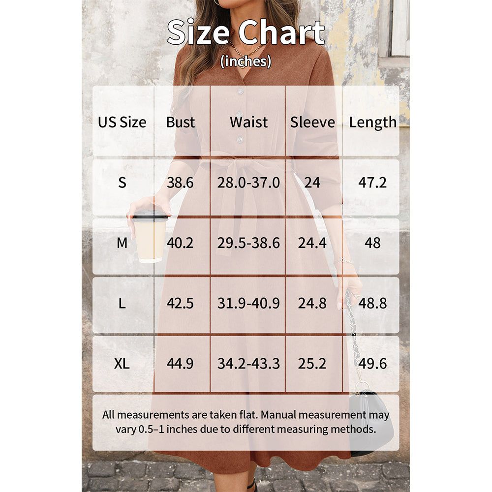 Attraco Women Notch V Neck Corduroy Midi Dress Long Sleeve Button Front Self Tie Waist A Line Dress