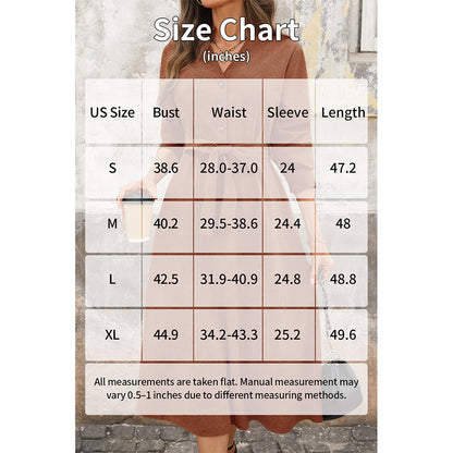 Attraco Women Notch V Neck Corduroy Midi Dress Long Sleeve Button Front Self Tie Waist A Line Dress