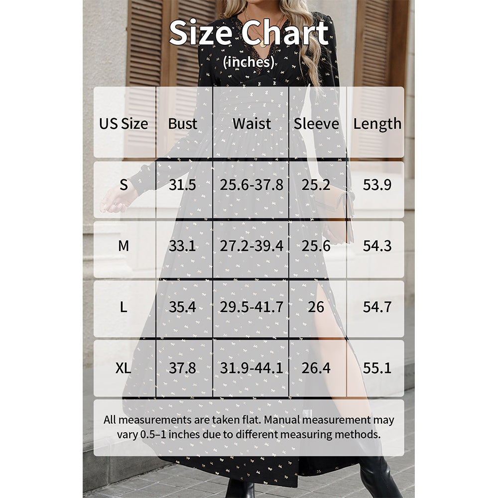 Attraco Women Lace Trim V Neck Allover Bow Print Long Sleeve Side Slit Maxi Dress