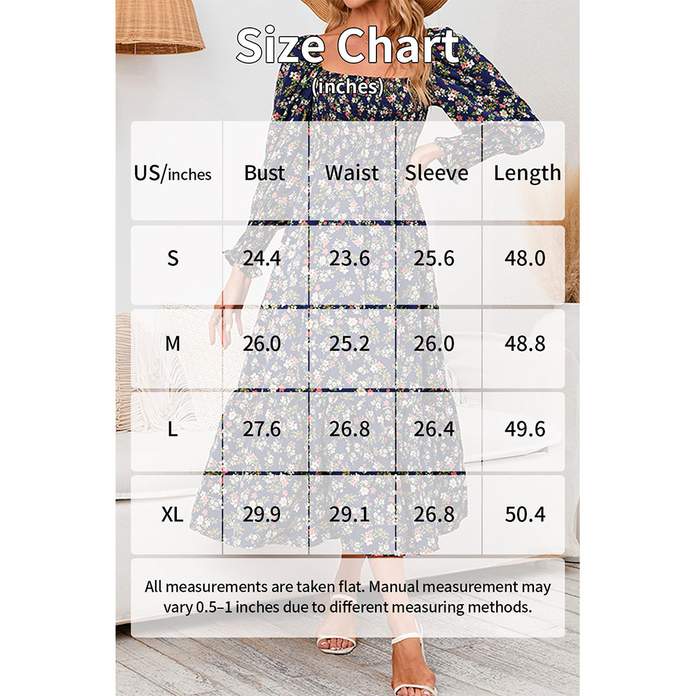 Attraco Women Square Neck Smocked Long Sleeve Tiered Midi Floral Print Dress